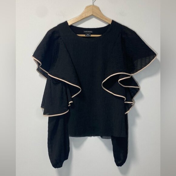 Club Monaco Ruffle-Sleeve Long Sleeve Blouse Black with White Trim – Size XS - Picture 2 of 12